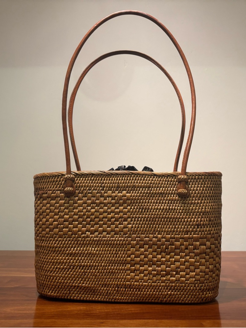 Woven Rattan Tote Bag with Black and Blue Batik Print Drawstring Liner - Picture 7 of 10
